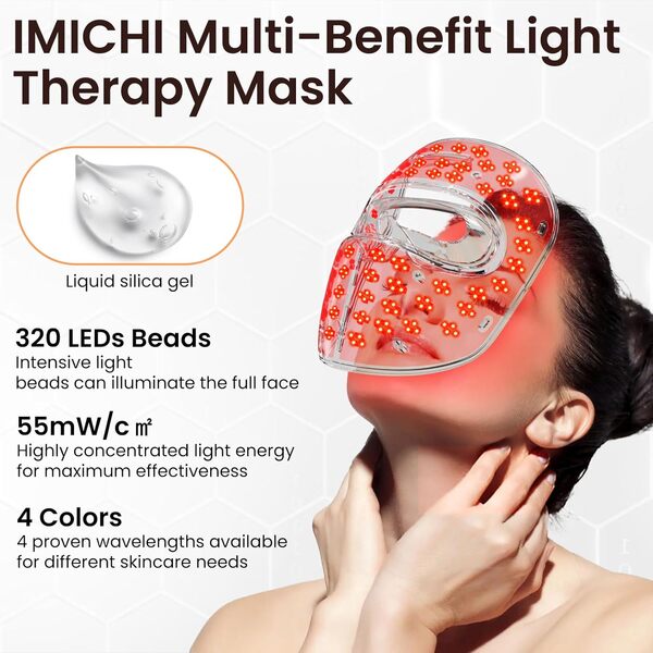 IMICHI 9D Masque LED Visage Luminothérapie, 320 LEDs 4 Couleurs Red Light Therapy Luminothérapie Visage pour Anti-âge, Rajeunissement Raffermissant, Masque Facial LED pour tous les types de peau