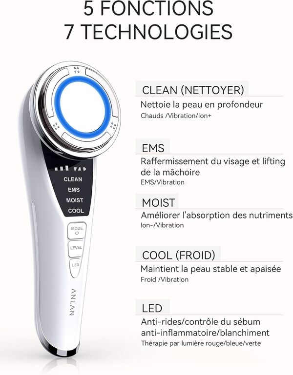 ANLAN Appareil Anti Rides, 5 en 1 Dispositif de Beauté anti-âge, Appareil pour Soin Visage, Nettoyage en Profondeur, Lifting Visage, avec Tampons Démaquillants