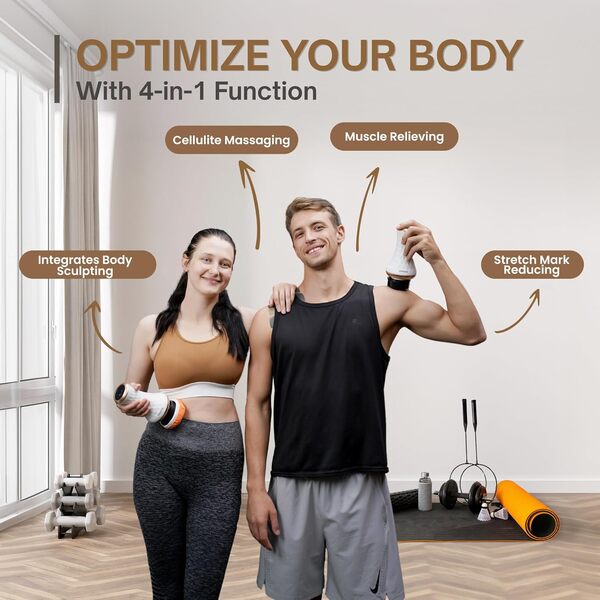 THOMHOME Masseur de cellulite sans fil 4 en 1 avec affichage LED 10 niveaux d'intensité 12 modes de massage 3 têtes de massage 6 coussinets lavables pour l'abdomen, la taille, les bras, les jambes, le