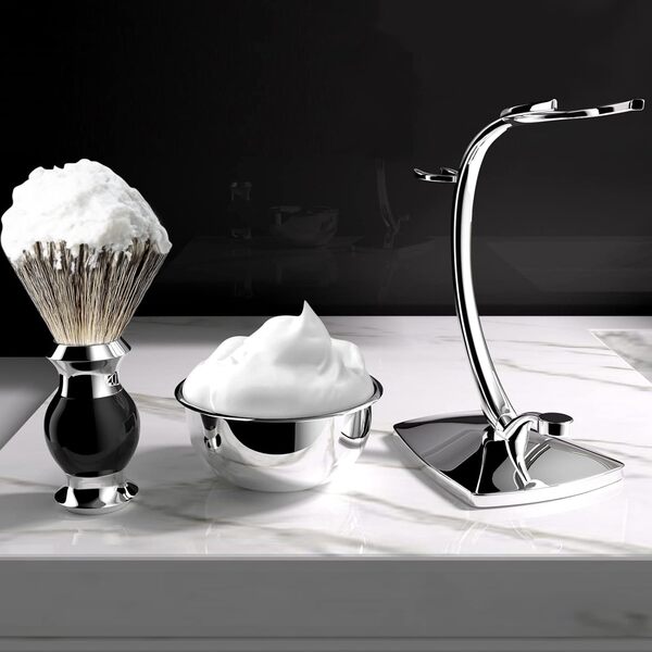 GRUTTI Kit De Rasage Humide pour Hommes, Blaireau Rasage Homme - Kit de Rasage Barbier Comprenant Un Blaireau de Rasage, Un Bol de Rasage en Acier Inoxydable et Un Support de Sécurité