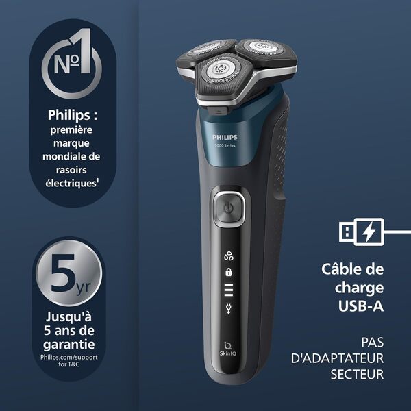 Philips Rasoir Series 5000 - rasoir électrique Wet & Dry avec technologie SkinIQ, tondeuse rétractable, coffret de voyage, Quick Cleaning Pod, bleu électrique, modèle S5889/50