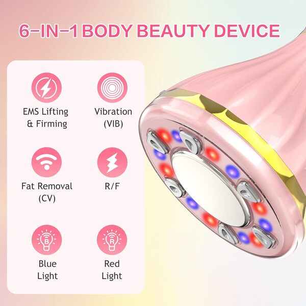 Masseur Anti Cellulite Electrique, 6 en 1 Massage Appareil Anti-Cellulite, Machine à Cavitation Ultrasonique avec EMS/R-F Lumière Rouge et Bleue, IPX6 Beauty Machine pour Le Corps et Visage