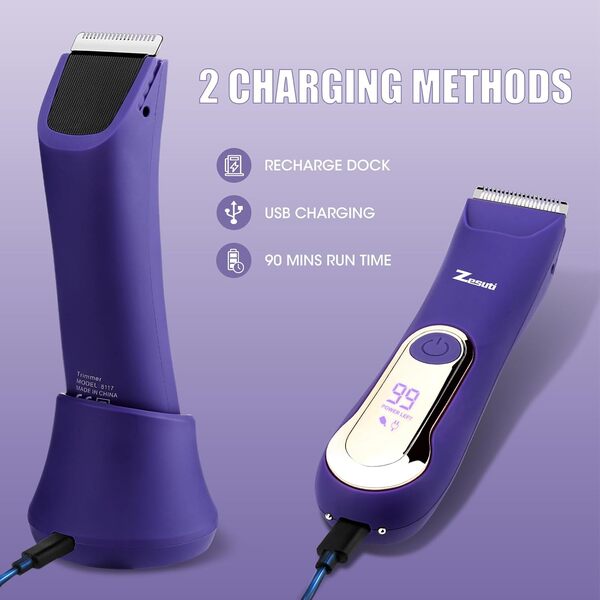 Zesuti Tondeuse de bikini électrique pour femme, rasoir pour cheveux pubiens humides/secs, indolore, étanchéité IPX7, écran LED, station de charge USB, cadeaux pour femme, violet