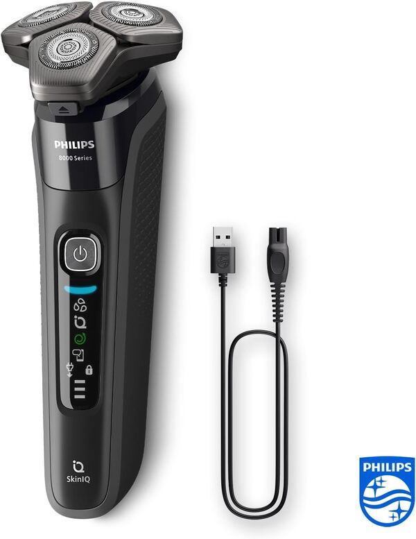 Philips Série 8000 Rasoir électrique Wet & Dry avec technologie SkinIQ noir, tondeuse rétractable, socle de charge, coffret de voyage, brossette de nettoyage (modèle S8696/35)