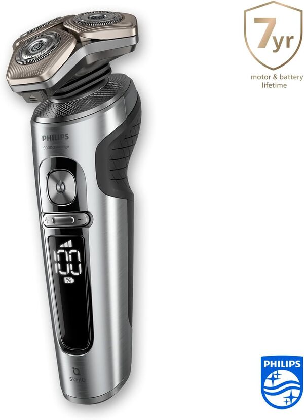 Philips Rasoir électrique Series 9000 Prestige, chrome brillant, système de rasage Lift & Cut, technologie SkinIQ, styler la barbe, tondre le nez, socle de recharge Qi, (modèle SP9885/35)