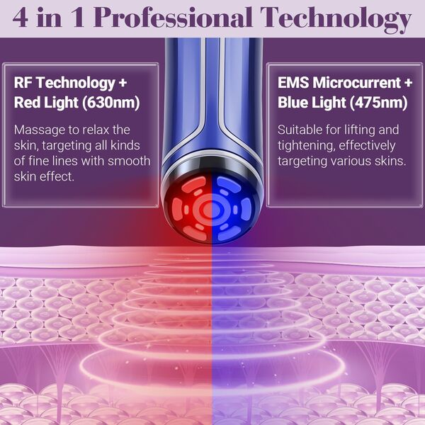Appareil Radiofréquence Visage - TUMAKOU 4 en 1 EMS Micro-courant Appareil Anti Rides Visage - Bleu Rouge Luminothérapie Visage - Appareil Massage Lifting Visage Pour le Visage, le Cou à Domicile