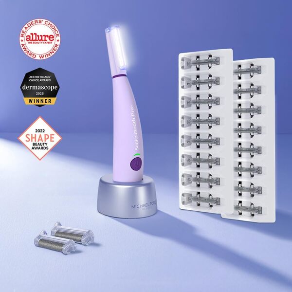 Michael Todd Beauty Sonicsmooth Pro+ Dermaplane Rasoir pour femme Visage + Sourcils Système Dermaplaning avec lumière LED Peach Fuzz Remover -16 lames de dermaplaning et 2 pointes d'exfoliation