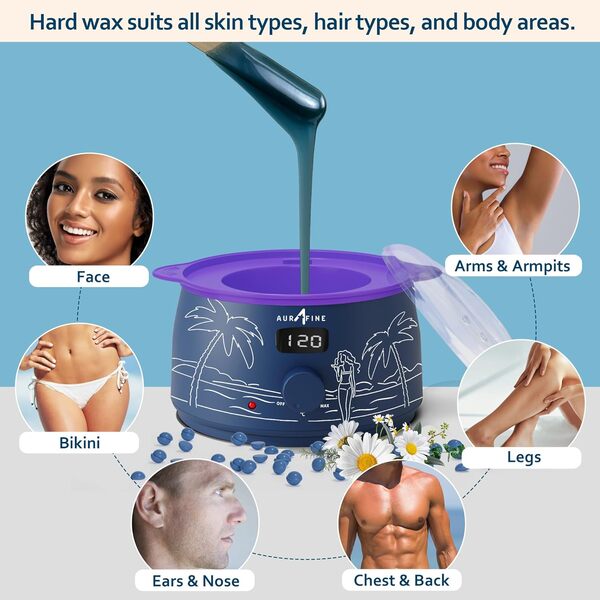 AURAFINE Chauffe Cire Professionnel pour Femmes et Hommes – 4 Perles de Cire, 30 Applicateurs, Huile Avant et Après Cire –Chauffe Cire Epilation Indolore du Corps Entier – Qualité Salon à la Maison