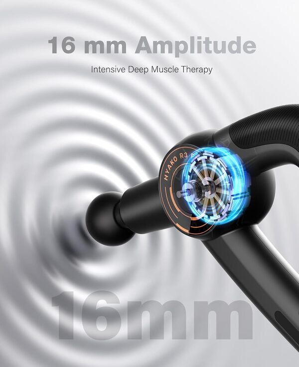 HYAKO R3 Pro Pistolet de massage 3 en 1 Amplitude 16 mm + Appareil de massage vibratoire à haute fréquence – Pistolet de massage musculaire des tissus profonds, soulage les douleurs musculaires et
