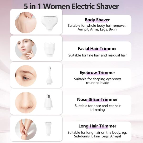 Rasoirs électriques pour femme, rasoir électrique 5 en 1 pour femme, épilateur indolore pour le visage, le nez, les sourcils, les bras, les aisselles, les jambes, le pubis