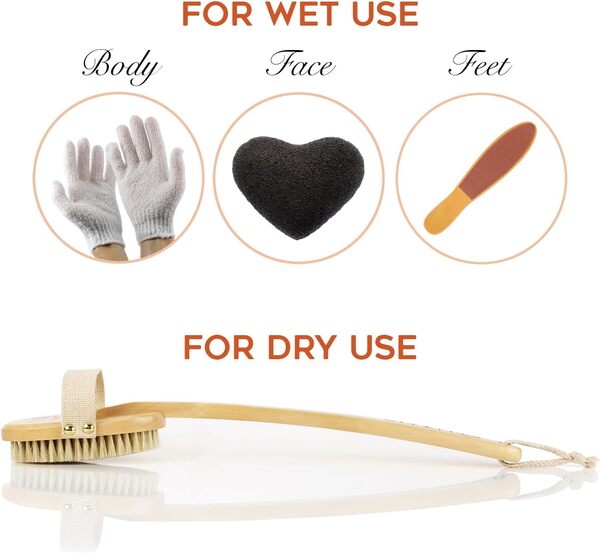 Set Exfoliation avec Brosse a Sec Exfoliant pour le Corps, Gants de Gommage, Eponge Konjac Visage | Pierre Ponce Pied |Pour Soins Naturels de la Peau, Masseur Anti Cellulite, Poils Sanglier Haute Qualité
