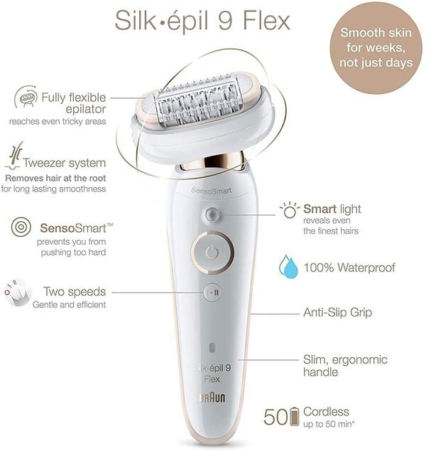 Braun Silk-épil 9 Flex Épilateur Femme Épilateur Électrique Femme Avec Tête Flexible à 360° Pour Épilation Simple, Wet & Dry, Peau Lisse Longue 9-060 3D, Blanc/Rose