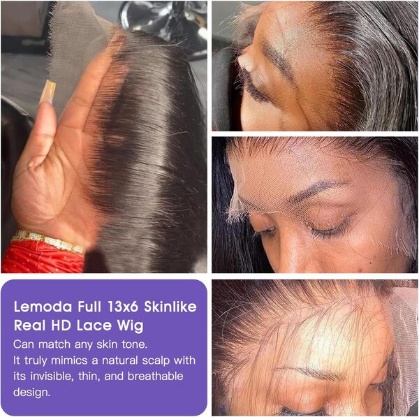 Lemoda Perruques en dentelle HD de 71,1 cm, 33 x 15,2 cm, densité 12 A, cheveux humains brésiliens raides vierges invisibles 0,1 mm ultra fins aux extrémités effilochées Perruque pré-épilée petits