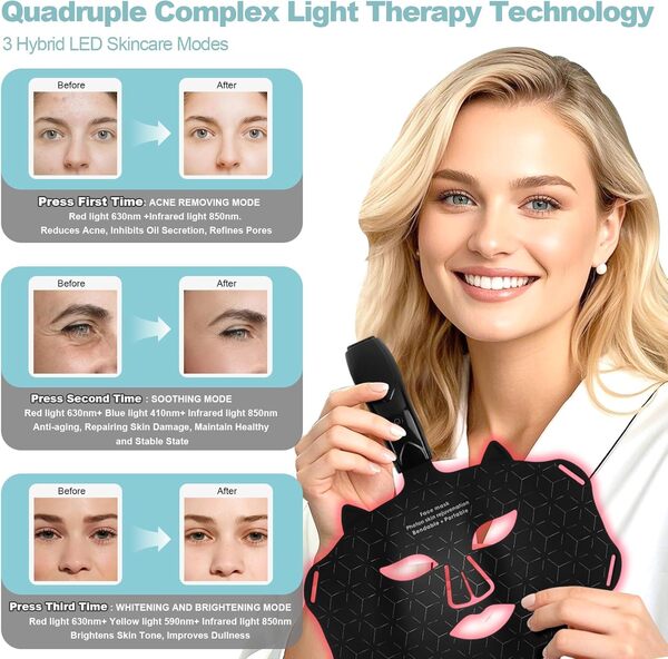 Masque LED de Visage Luminothérapie,Masque Facial de Thérapie par la Lumière Rouge,LED Face Mask Infrarouge en Silicone Flexible,3 Modes, pour Tous Les Types de Peau à la Maison