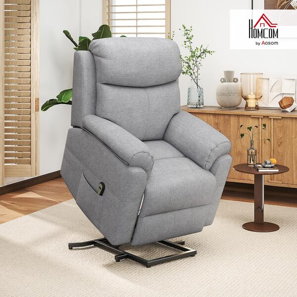 HOMCOM Fauteuil de Massage Fauteuil releveur inclinable de Relaxation électrique - avec Repose-Pied Ajustable et télécommande - Tissu Polyester Aspect Lin Gris