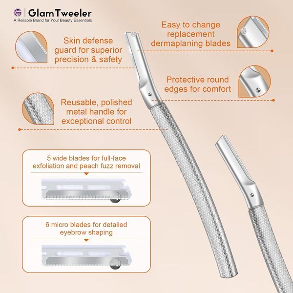 GlamTweeler Rasoir pour le visage et les sourcils + 7 recharges de lames suédoises, rasoirs d'épilation pour le visage, le corps et le bikini avec étui de voyage en silicone, rasoir réutilisable pour