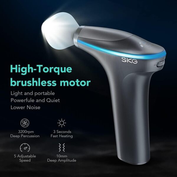 SKG F7-EN-GRAY Pistolet de massage électrique avec fonction chauffante pour le cou, les épaules, le dos, avec 4 têtes de massage interchangeables, 5 niveaux d'intensité, gris