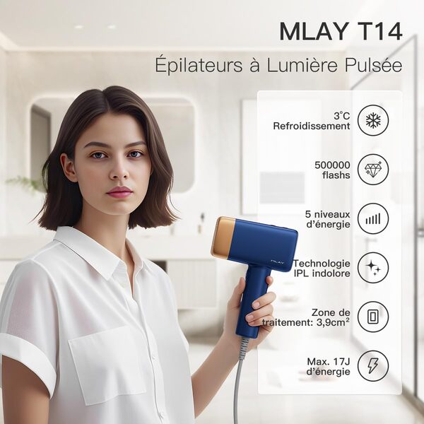 MLAY T14 3en1 Epilateur Lumiere Pulsee avec Fonction de Refroidissement 3℃, 0,5s/flash,500 000flashs, Epilation Laser Femme Homme Visage Bikini, Indolore pour Le Corps Entier Epilateur Laser(HR+BK+FA）