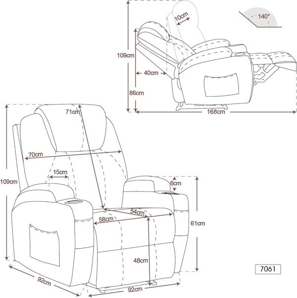 M MCombo Fauteuil de Relaxation électrique Fauteuil de Massage Fauteuil TV Fonction inclinable Chauffage par Vibrations Nouveau modèle 7061 (Tissu, Gris)