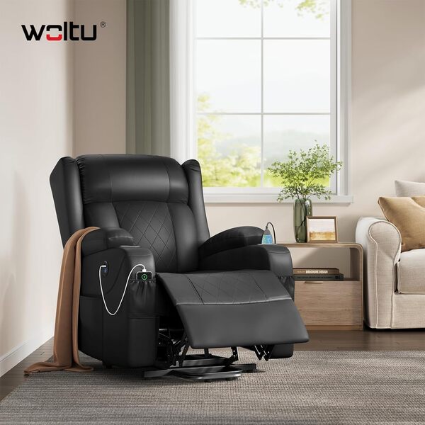 WOLTU Fauteuil Relax Électrique, Fauteuil Massant, Aide à la Verticalisation, Massage, Chauffage, Repose-Pieds, Poches, Porte-gobelet, Port USB, PU, Noir, SKS62sz