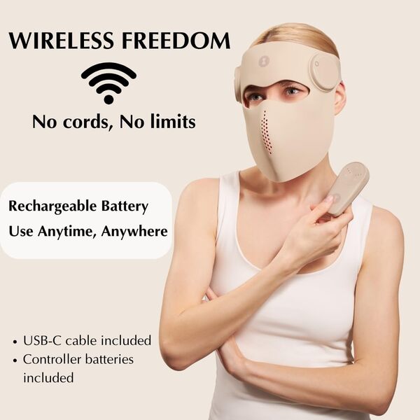 Me Time Ritual Masque facial LED sans fil - thérapie par lumière rouge, bleue et infrarouge pour anti-âge, acné et rajeunissement de la peau - 3 modes, intensité réglable - rechargeable et facile à