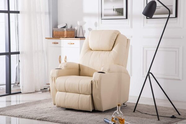 M MCombo Fauteuil Relax électrique Fauteuil de Massage Fauteuil TV Fonction inclinable Vibration Chauffage 7061 Nouveau modèle (Similicuir crème)