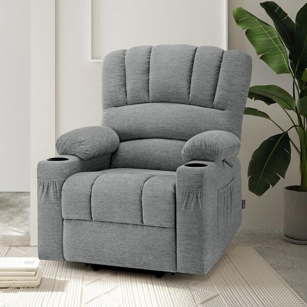 M MCombo Fauteuilavec Aide à se Lever électrique, Fauteuil Relax avec Fonction inclinable, Fauteuil de Massage avec Fonction de Chaleur, pour Le Salon des Seniors, 7102 (Tissu, Gris)