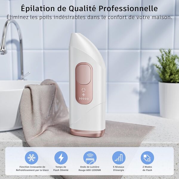 IPL Épilateur Lumière Pulsée avec Fonction de Refroidissement, Épilateur Laser pour Flashs illimités, 5 Niveaux D'énergie, Épilation Lumière Pulsée pour Femmes et Hommes, Aisselles Jambes Bikini Line