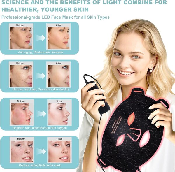 Masque LED de Visage et Cou Luminothérapie,Masque de Thérapie par la Lumière Rouge,Masque Facial LED pour Visage Silicone,Infrarouge Masque Visage pour Tous Les Types de Peau à la Maison