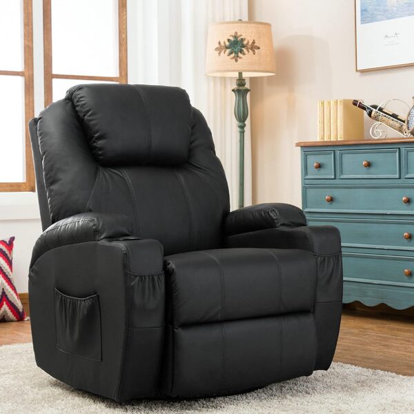 M MCombo Fauteuil de Massage Fauteuil TV Fauteuil Relax 7020, avec Chauffage Rotatif basculant 360°, réglable manuellement (Similicuir Noir)