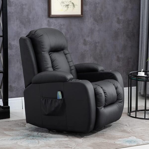 HOMCOM Fauteuil de Massage inclinable, Fauteuil de Relaxation, Dossier et Repose-Pieds réglable manuellement, Fonction Bascule, pivotant à 360°, Porte-gobelets, Poches latérales, télécommande, Noir