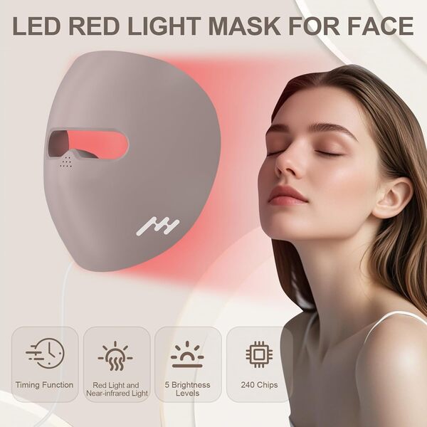Lampe à lumière rouge pour le visage, 660 nm et 850 nm, en silicone, masque LED, 5 niveaux de luminosité et minuterie 10/15/20 minutes, masque de luminothérapie pour le visage