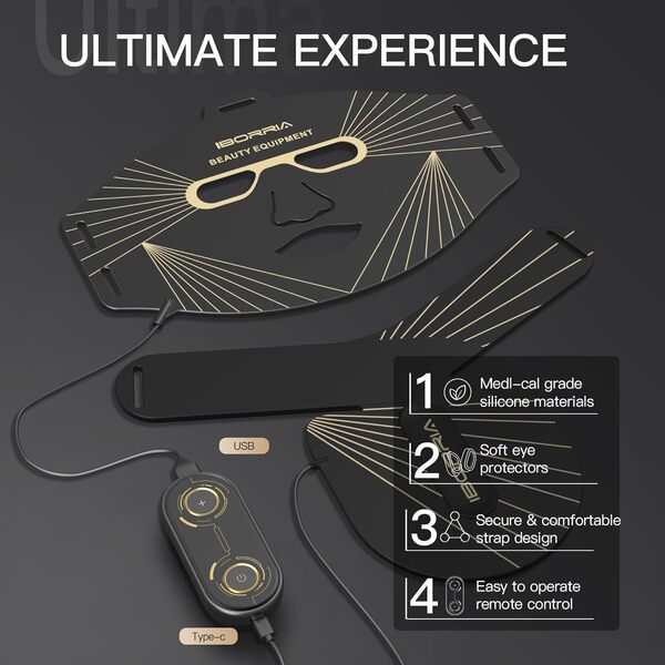 Masque Facial LED pour Visage, Cou et Décolletage, Thérapie Lumière Proche Infrarouge, Masque de Beauty en Silicone Flexible, Traitement à la Maison, Soins de la Peau (Noir)