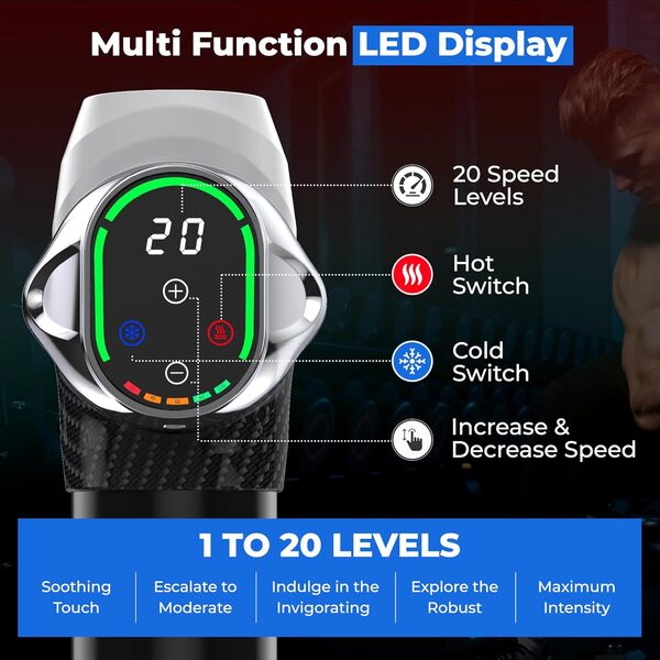 Pistolet de massage pour tissus profonds avec tête chaude et froide, 6 températures, 20 niveaux et 10 têtes, pistolet de massage musculaire portable avec étui de transport, pistolet de