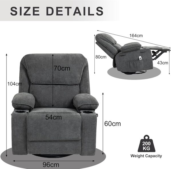 Fauteuil de Relaxation Chaise massant avec Dossier Inclinable Manuellement 150° Incluse Massage en 8 Points et Fonction Chauffante,Pivotement à 360