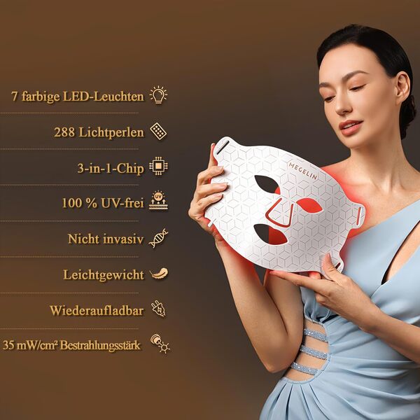 MEGELIN Masque de luminothérapie à LED 7 couleurs - Masque de luminothérapie pour le visage, réduction de l'acné, soin de la peau, anti-âge, réduit les rides, la peau lisse, la lumière infrarouge