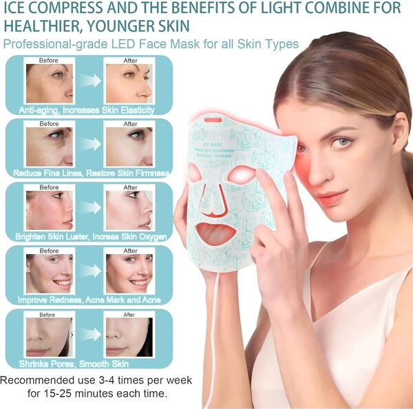 Masque LED Visage Luminothérapie,Infrarouge Masque Facial 4 Modes,Face Mask avec Mask de Glacé 5 Timer,Anti-Âge et Anti-Rides,pour Tous Les Types de Peau à la Maison