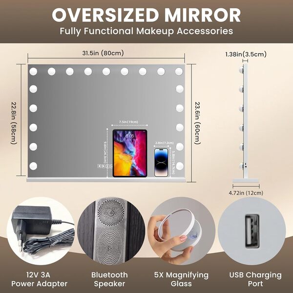 Hollywood Miroir 80 x 60 cm avec Bluetooth, avec 19 lampes LED, miroir de maquillage avec sortie USB et grossissement 5 fois, miroir cosmétique Bluetooth, 3 températures de couleur, écran