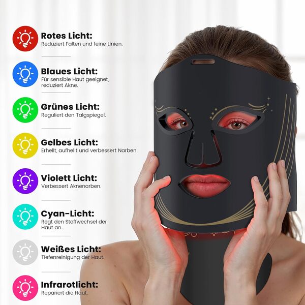 Masque facial et masque de cou à LED avec thérapie à la lumière rouge – 7 couleurs Masque LED pour le visage avec masque rafraîchissant, anti-âge/acné, éclaircissant, traitement des rides, appareil de
