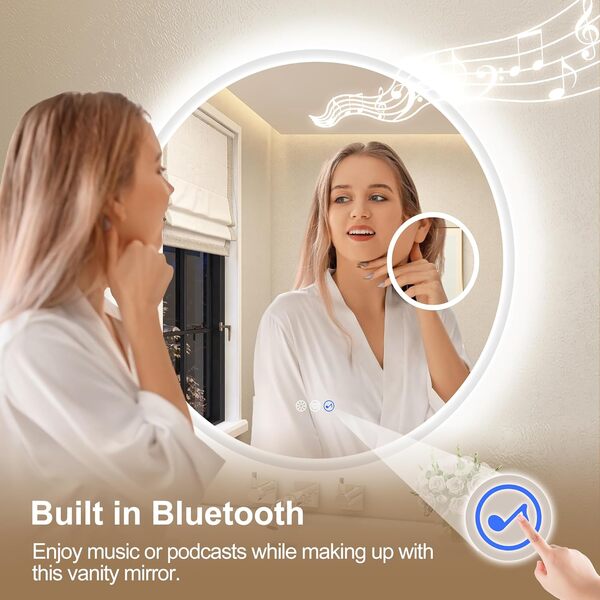 STARLEAD 80cm Miroir-Rond-Salle-de-Bain-avec-Éclairage et Bluetooth, Loupe 5X, Anti-buée, 3 Couleurs Lumière, Dimmable, Fonction Mémoire, IP44, HD Verre Trempé Miroir-Mural-LED [Classe énergétique E]