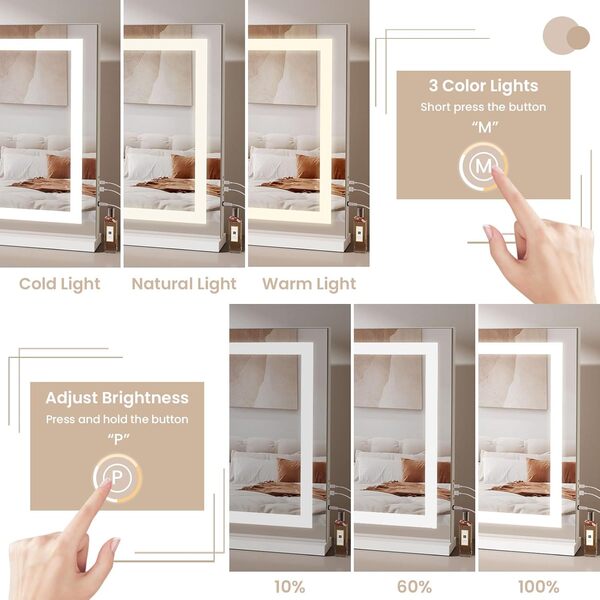 Dripex Miroir Maquillage Lumineux 80 x 58cm, Miroir LED Contrôle Tactile, 3 Modes, Luminosité Réglable, Port USB & Type-C, Grossissante Inclues, Miroir de Table et de Mur - Blanc