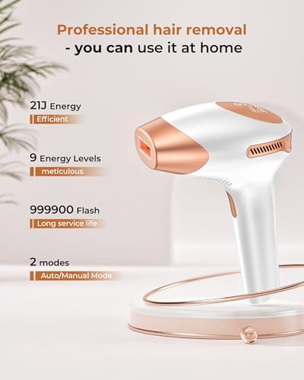 Découvrez l'épilateur lumière pulsée 21J avec ses 9 niveaux d'énergie et une durée de vie incroyable de 999900 flashs pour une épilation efficace et durable